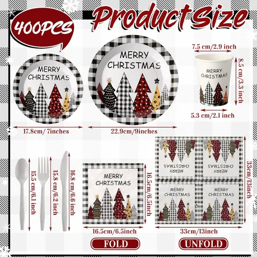 Miniatura 2 de Dandat 400 piezas de platos y servilletas desechables de Navidad, juego de suministros para fiesta de Navidad de vajilla desechable para 50
