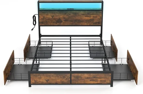 Miniatura 9 de Giantex Base de cama matrimonial con cabecero de luces LED y 4 cajones de almacenamiento, plataforma de metal con tomas de corriente y puertos USB