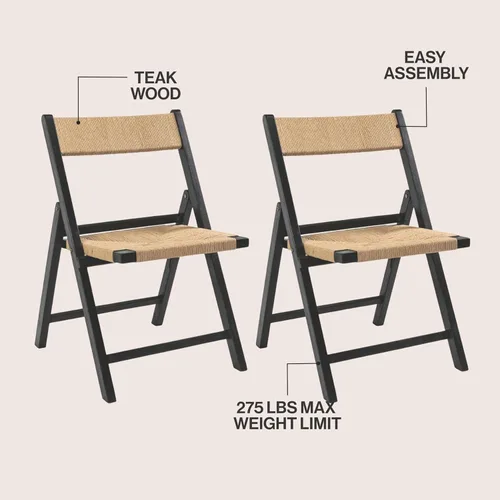 Miniatura 4 de JONATHAN Y Kiawah FLD1002C-SET2 - Juego de 2 sillas plegables de madera de teca negra tejida para comedor, asiento portátil sin brazos costero que