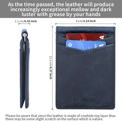 Miniatura 6 de HYRISON Cartera de cuero genuino Slim doble bolsillo frontal para hombres con clip de dinero bloqueo RFID