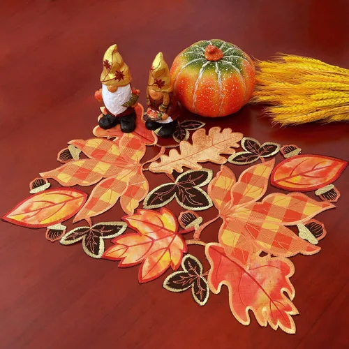 Miniatura 3 de Manteles individuales bordados de hojas de arce a cuadros para Acción de Gracias, decoración de cosecha de otoño (13 x 19 pulgadas, juego de 4)