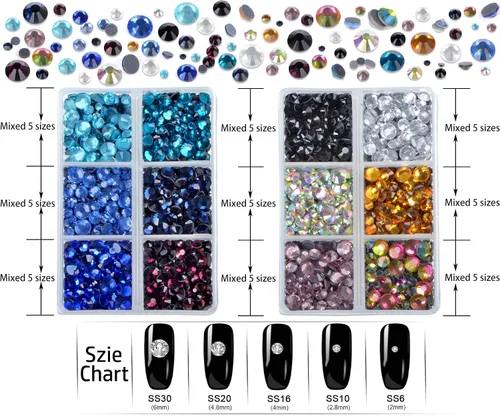 Miniatura 2 de LPBeads 6400 unidades de diamantes termoadhesivos de 12 colores con parte trasera plana, 5 tamaños mixtos, gemas de cristal redondas con pinzas