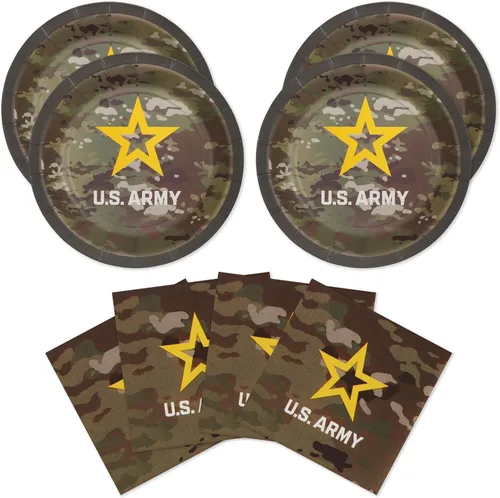 Havercamp Fiesta oficial del ejército de los Estados Unidos para 16 invitados; incluye 16 platos y servilletas de 7 pulgadas - Logotipo oficial del