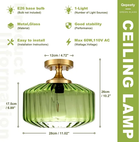 Miniatura 3 de Lámpara de Techo Verde Semiempotrada Vintage de Latón Antiguo Luz Empotrada Superior de Cristal Dorado Candelabro para Casa de Campo Armario Entrada