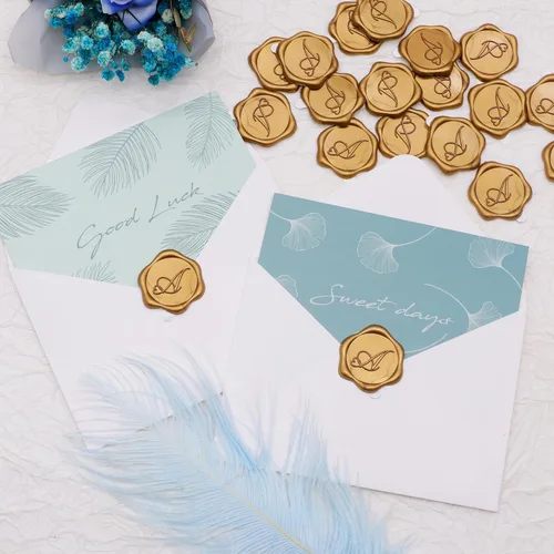 Miniatura 5 de SWANGSA Paquete de 50 calcomanías de sello de cera de letra A, diseño de corazón dorado antiguo, calcomanías de cera inicial para boda, fiesta