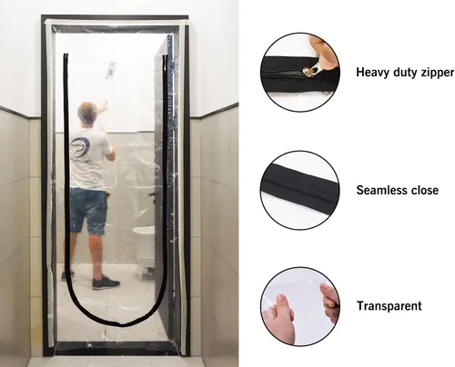 Miniatura 4 de ROLLINGDOG Barrera contra el polvo de la puerta con cremallera – Cubierta de puerta de plástico con cremallera para pared y habitación Protección