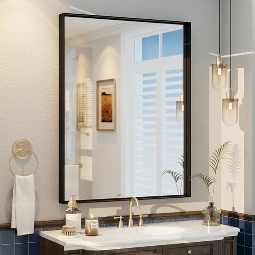 Miniatura 90 de Paquete de 2 espejos de baño con marco de metal negro de 22 x 30 pulgadas, espejo rectangular redondeado negro mate, antioxidante, se cuelga