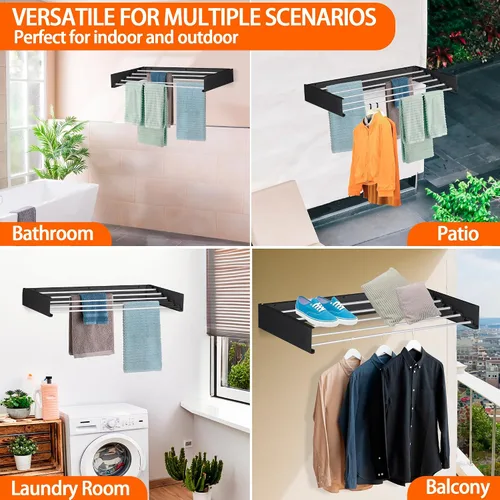 Miniatura 7 de FOCHIER F Estante de secado de ropa para colgar en la pared, plegable, con 5 varillas de aluminio y plantilla de perforación, punta de Negro