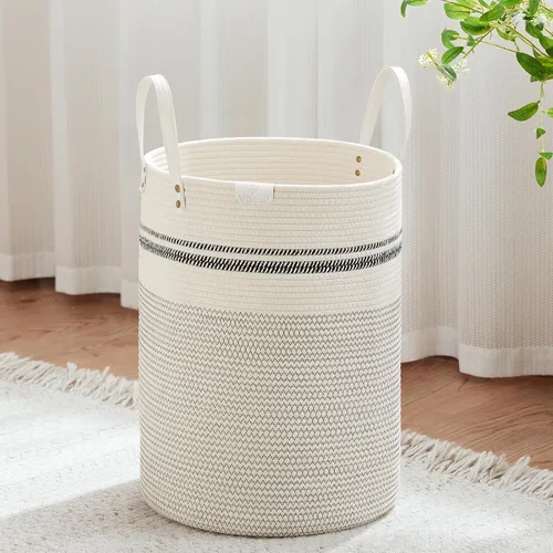 Miniatura 13 de VIPOSCO Cesta alta para ropa sucia, cesta grande para ropa sucia con mango de cuero, cesta de almacenamiento de cuerda tejida para manta, juguete
