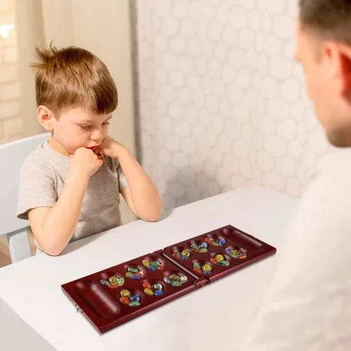 Miniatura 5 de GSE Games & Sports Expert Juego de mesa plegable de madera de Mancala con piedras de vidrio multicolor y bolsa de almacenamiento, juego portátil