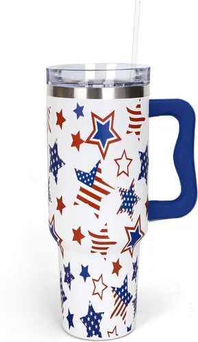 Miniatura 29 de Whaline Vaso patriótico del 4 de julio de 40 oz con asa, pajita y tapa, estrellas y rayas en rojo, azul y bandera de EE. UU., vaso de viaje del día