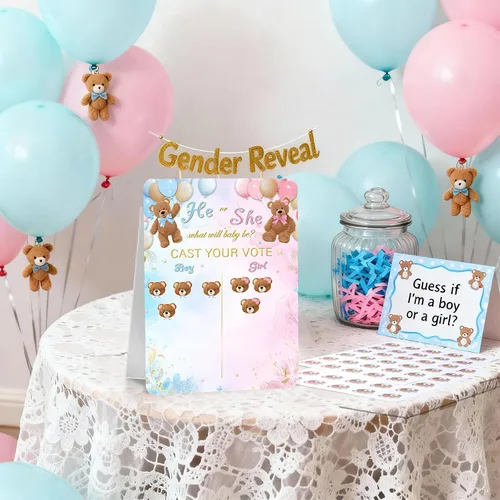 Miniatura 5 de Poen Tablero de Juego de Revelación de Género de Oso con Soporte, 60 Calcomanías de Oso Él o Ella, Emite Tu Voto Suministros de Fiesta de Baby