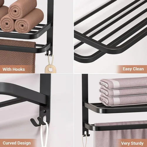 Miniatura 3 de Estante de toallas de 3 niveles de 23 pulgadas en negro para baño con barras de toallas, estante de toallas de hotel multicapa de acero inoxidable