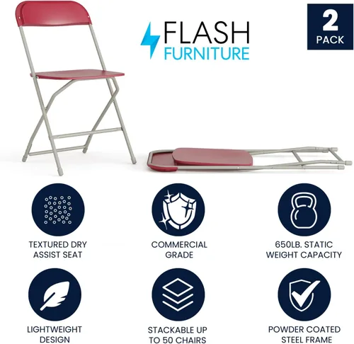 Miniatura 6 de Flash Furniture Paquete de 10 sillas plegables de plástico rojo con capacidad de 650 libras con 2 sillas plegables rojas, capacidad de 650 libras