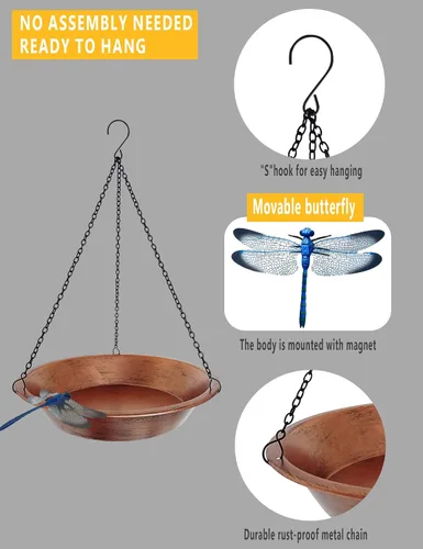 Miniatura 7 de Baño colgante para pájaros para exteriores, comedero de pájaros de metal de cobre antiguo con cadenas negras inoxidables de 17 pulgadas