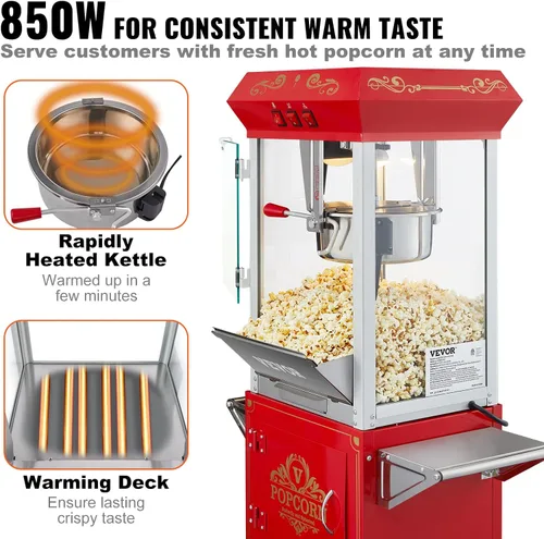 Miniatura 3 de VEVOR Máquina Comercial de Palomitas de Maíz, Hervidor de 8 Oz, Fabricadora de Palomitas de 850 W sobre Ruedas para 48 Tazas por Lote, Estilo Teatro