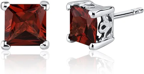 Peora Aretes de plata de ley 925 de granate, galería de desplazamiento solitario, piedra natal de piedras preciosas naturales, 2 quilates total