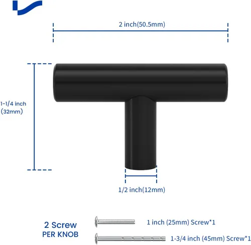Miniatura 3 de LONTAN Paquete de 4 Pomos Negros para Gabinetes y Cajones Pomos de Gabinete de Cocina para Tocador Baño Moderno Herrajes Negros de Barra en T