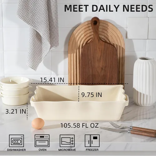 Miniatura 2 de Sweejar Cacerola para horno, fuente de cerámica para hornear de 9 x 13 pulgadas, utensilios para hornear con borde ondulado con asas, bandeja