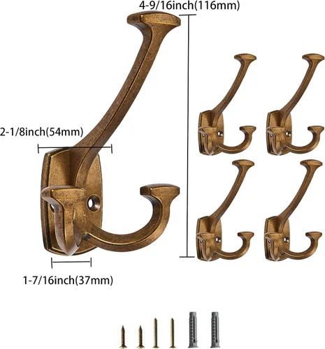 Miniatura 2 de Ganchos de latón antiguos grandes montados en la pared decorativos de doble cara resistentes para colgar abrigos, toallas, batas, bolsos, ganchos