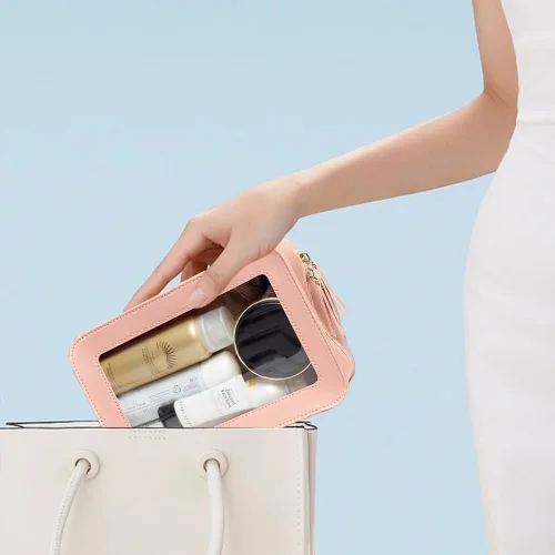 Miniatura 4 de Bolsa de maquillaje transparente pequeña, aprobada por la TSA, bolsa de aseo portátil con cremallera, bolsa de viaje para cosméticos, estuche Rosa