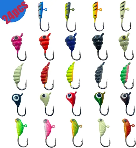 24 piezas de plantillas de pesca en hielo para Panfish Crappie Sunfish Walleye Ice Fishing Jig Box Accesorios de pesca en hielo Caja de aparejos de