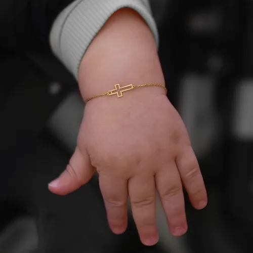 Miniatura 2 de Pulsera de cruz de oro macizo de 14 quilates para mujeres, adolescentes, bebés, pulsera de cruz ajustable de oro real Pulsera chapada en oro