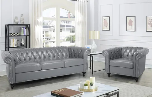 Miniatura 10 de RARZOE Moderno sofá Chesterfield de poliuretano de 3 plazas, sofá Chesterfield tapizado de piel con botones capitoné, sofá clásico de piel sintética
