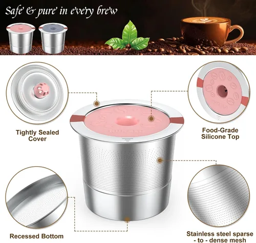 Miniatura 4 de Kcup - Cápsulas de café recargables: tazas K reutilizables de acero inoxidable para Keurig Metal K Cup - Filtro de café reutilizable rosa y gris