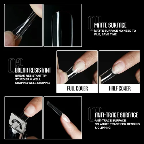 Miniatura 5 de Michelle 504 puntas de uñas postizas largas cuadradas a presión, puntas de uñas de gel preformadas para uñas acrílicas de cobertura completa, uñas