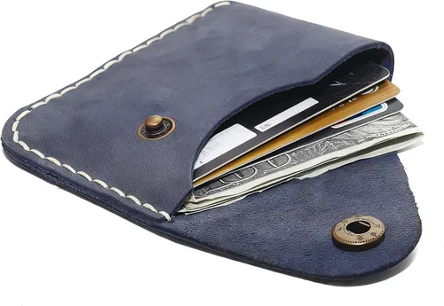 Miniatura 21 de Cartera organizadora de tarjetas de bolsillo frontal cosida a mano minimalista de cuero genuino para tarjetas, billetera con tarjetero pequeño, Negro