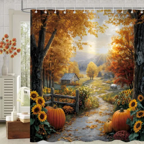 Miniatura 2 de Cortina de ducha de otoño, decoración de baño de árbol de calabaza, 72 x 72 pulgadas, tela de poliéster, cortina de baño impermeable con 12 ganchos