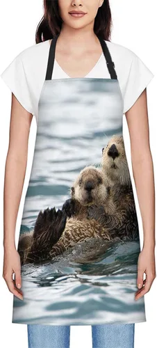 Miniatura 2 de oFloral Delantal de Babero con Animales Nutrias Marinas Jugando en el Agua Nadando con Cuello Ajustable para Hombres y Mujeres, Adecuado para Cocina