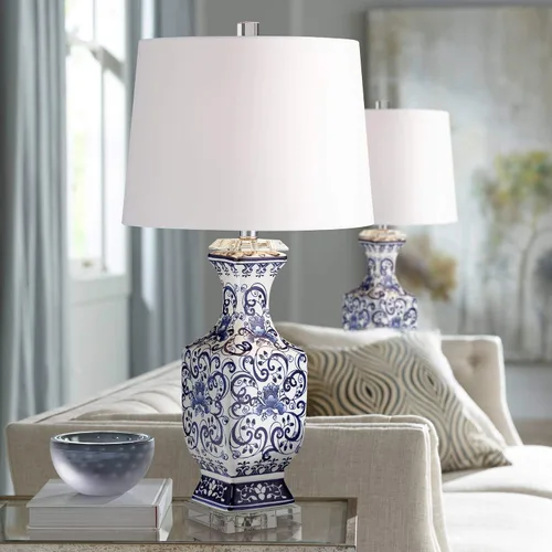 Miniatura 2 de Barnes and Ivy Iris - Juego de 2 lámparas de mesa asiáticas chinas estilo tarro de 28 pulgadas de alto, cristal de porcelana azul, Ginebra de tela