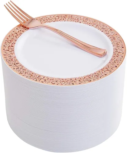 Miniatura 9 de WDF Platos de postre de plástico plateado con tenedores de plástico, 100 platos cuadrados desechables para aperitivos, platos pequeños con borde