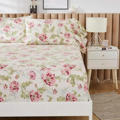 Miniatura 3 de ABREEZE Juego de sábanas con estampado floral beige, juego de ropa de cama bohemio, juego de ropa de cama de lujo de 4 piezas, medallón de damasco