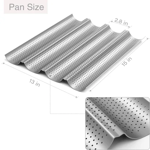 Miniatura 2 de Tiawudi Paquete de 2 Moldes Perforados Antiadherentes para Baguette de 15" x 13" para Hornear Pan Francés 4 Panes Ondulados Molde para Hornear Pan