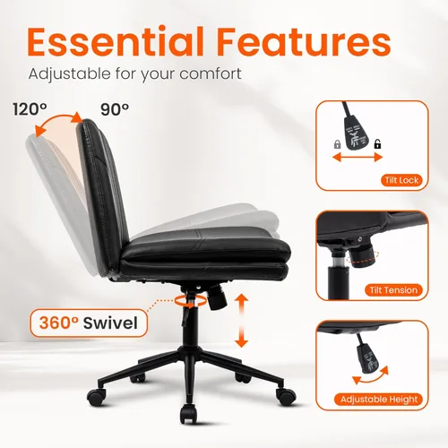 Miniatura 6 de Orange Factory Silla Criss Cross con Ruedas Silla de Escritorio de Tocador Ancha y Cómoda Base Dual de Cuero sin Brazos Ajustable Giratoria