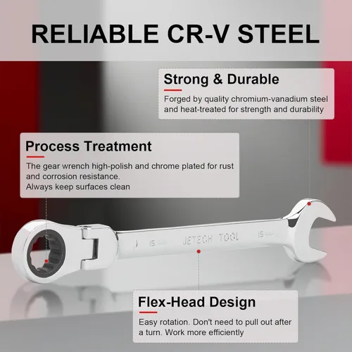 Miniatura 3 de Jetech - Llave de trinquete flexible de 15 mm, acero Cr-V de grado industrial, 12 puntas, diseño de esquina desviada, trinquete de 72 dientes