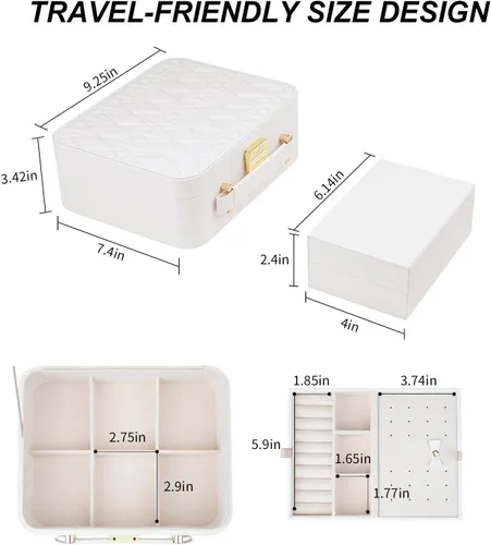 Miniatura 7 de V-LAFUY Joyero blanco, organizador de joyas de viaje grande, organizador de joyas de 2 capas, organizador de joyas de viaje para mujeres, estuche