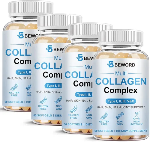 Miniatura 10 de BEWORD Cápsulas blandas de colágeno múltiple para mujeres y hombres, 60 cápsulas – Colágeno hidrolizado tipo I, II, III, V, X con vitamina C y ácido
