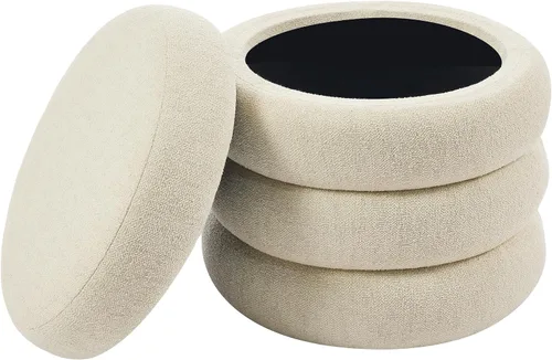 Miniatura 8 de ONEVOG Otomana redonda de almacenamiento, mesa otomana pequeña de 20 pulgadas con tapa extraíble, taburetes de tela de lino suave para sofá, asiento