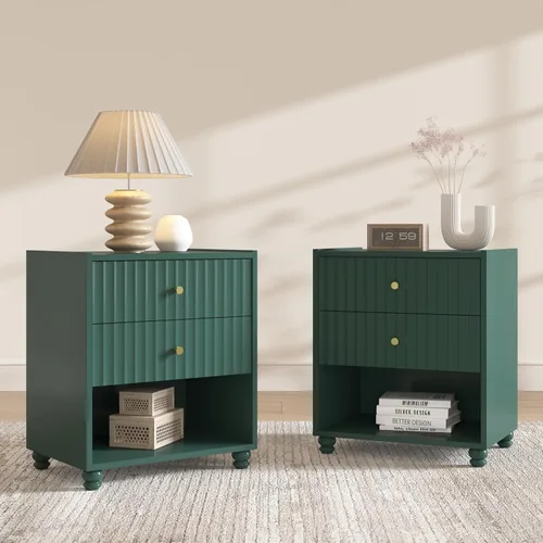Miniatura 7 de Moderna mesita de noche, mesa auxiliar acanalada con 2 cajones, mesita de noche con estante abierto para dormitorio (1, negro)