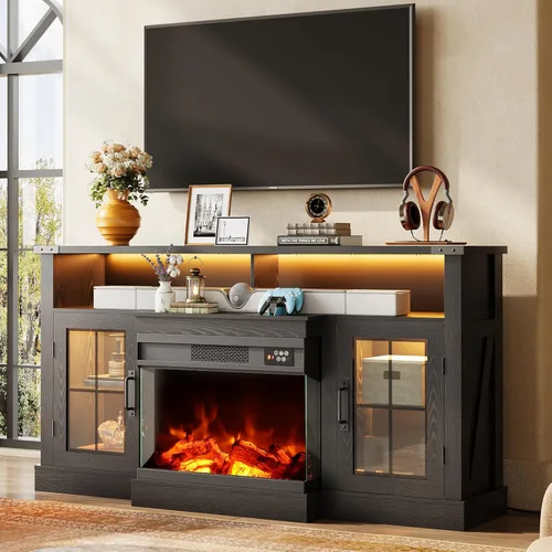 Miniatura 11 de WLIVE Soporte de TV estilo granja para TV de 65 pulgadas, centro de entretenimiento alto con luces LED y gabinetes de almacenamiento, mesa consola
