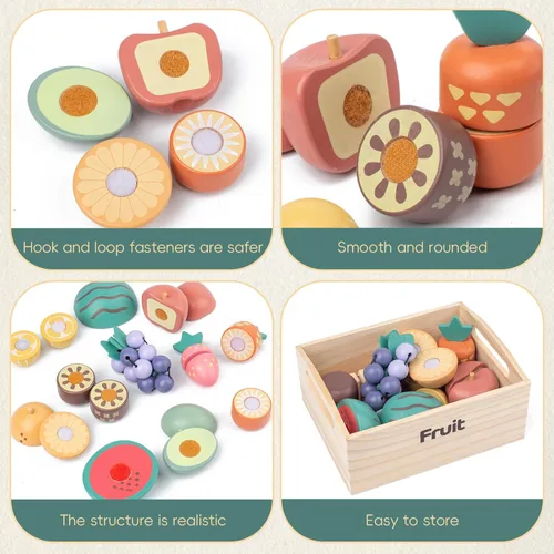 Miniatura 4 de Juego de 10 piezas de alimentos de madera de frutas para cocina de niños, juguetes de frutas de madera para cortar para niños pequeños y niños de 3