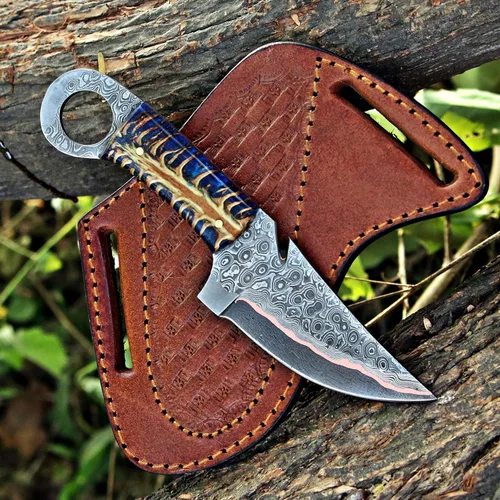 Miniatura 11 de TAC Knives - Cuchillo de supervivencia Bushcraft 12T27 de acero de Damasco con hoja fija para exteriores - Mango de madera Pakka - Funda de cuero