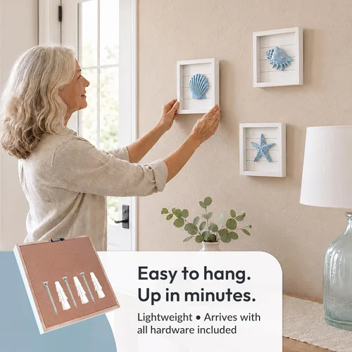Miniatura 5 de TideAndTales - Arte de pared 3D costero con diseño de conchas y estrellas de mar azules (juego de 3), decoración de pared de playa para baño