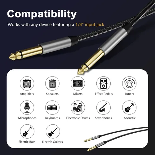 Miniatura 4 de Cable de instrumento de 6,35 mm 3 pies, cable de conector Jack mono 6,35 mm 1/4 pulgadas TS plateado premium desequilibrado, cable de parche