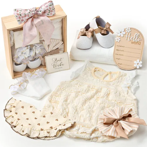 Golray Cesta de regalo de madera para bebés, niñas recién nacidas, juego de tela con mameluco/zapatos suaves/calcetines/manta/babero/diadema/hito de