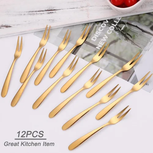 Miniatura 9 de Marfia - Tenedores de postre de acero inoxidable SUS304 de 6 piezas de oro para postres de 5.51 pulgadas, tenedores pequeños para aperitivos